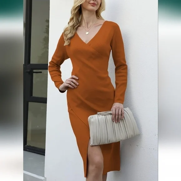 DEEP SELF Women's Rust Midi Sweater Dress V Neck  Long Sleeve Dress L - Picture 4 of 7